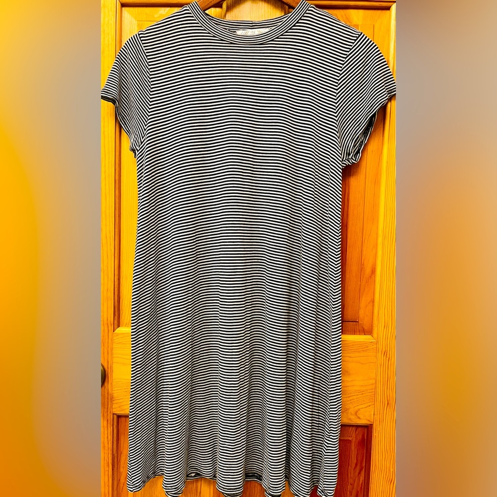 Women’s “Pink Rose” Short Sleeve Tan & Black Horizontally Striped Dress
